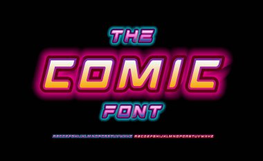 Pop çizgi roman alfabesi. Neon ışığı çarpıcı yazı tipi, modern fütürist logo için çizgi film tipi, parlak başlık, çizgi roman harfleri. Gece rengi parlaklık biçimi genişletilmiş harfler, vektör tipografik tasarımı
