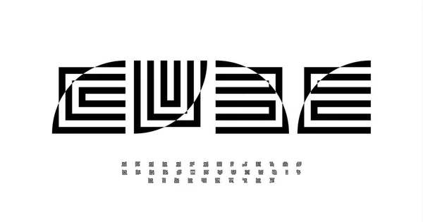 기하학적 추상 알파벳, 장식적 인 글자. 현대 패션이나 건축 로고에 사용되는 변형 된 정사각형과 모노그램이 있습니다. 광학적 착시 타이포그래피입니다. Maze bold font, vector typographic design — 스톡 벡터