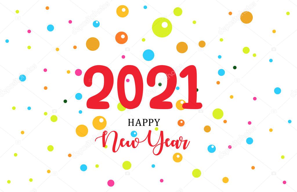 New Years greeting card in cartoon style with multicolored fireworks of colored balls, childrens cheerful mood of winter holiday, 2021 new year, vector illustration on white background.