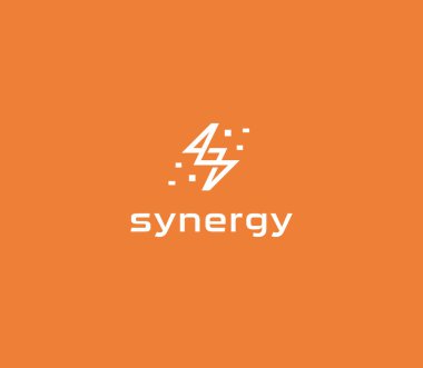 Soyut aydınlatma düz doğrusal vektör logosu konsepti. Elektrik enerjisi, turuncu arka planda izole edilmiş bir ikon. İş ve girişim için fikir simgesi