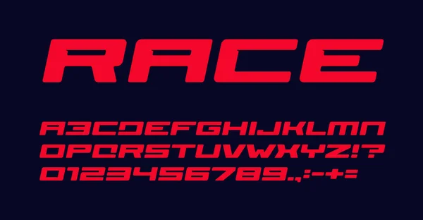 현대 자동차 경주를 위한 대담 한 기하학적 인 알파벳, 현수막과 포스터. 빨간 글씨, 무거운 이탤릭 문자, 숫자, 그리고 기호. 놀라운 타이포그래피 디자인이죠. 반사기. — 스톡 벡터