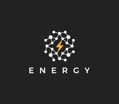 Enerji teknolojisi düz stil vektör logosu kavramı. Noktalar yapısı ve ışıltısı olan soyut yuvarlak logotip, elektriksel yenilik ve girişim için siyah arkaplan üzerine izole edilmiş simge