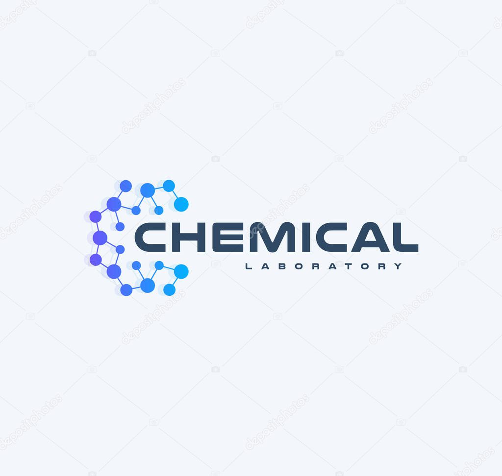 Chemical innovation tech logo, flat cartoon style vector logo concept. Round lattice with nodes, isolated icon on white background. Abstract blue logo for medical technology and developing startup