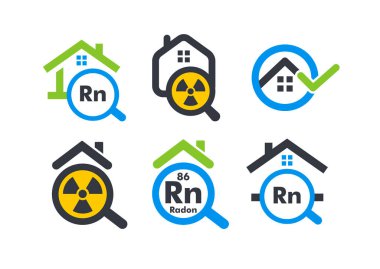 Düz çizgi film tarzı vektör logosu olan ev. Radon ev yapımı test şirketi beyaz arkaplandaki ikonu izole etti. Radyoaktif gazların kaldırılması iş ve girişim için koleksiyon imzaladı