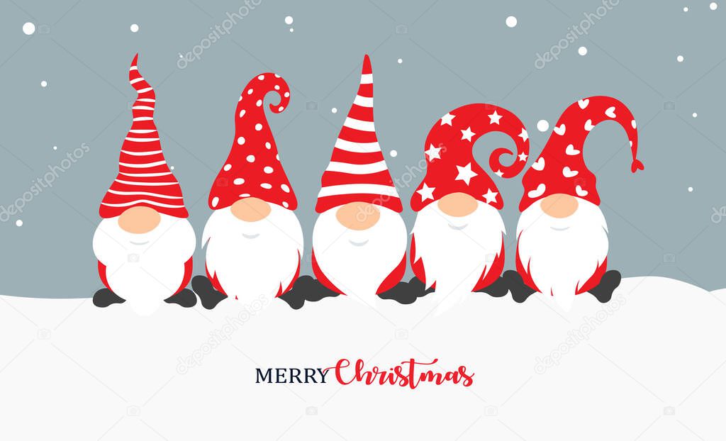 Christmas gnome. Greeting Christmas card with holiday isolated characters on snow background. Cute scandinavian gnomes in santa hats in cartoon style. Vector illustration.