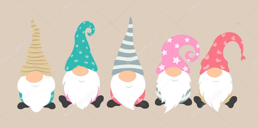 Cartoon gnomes vector icon set. Cute and funny characters for greeting card of christmas holiday. Gnome pajama party decoration. Isolated characters