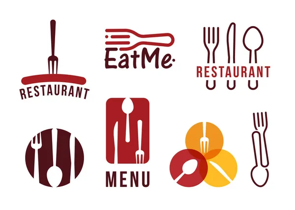 Restaurant vector logo set, flat cartoon style. Fork, knife and spoon, barbecue sausage, modern graphics for restaurant cafe menu, isolated on white background — Stock Vector