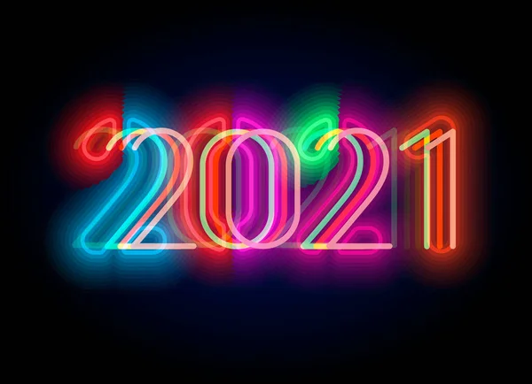 Numeri di Capodanno 2021 per la progettazione di display digitali. Illuminazione al neon poster per feste, eventi, inviti e calendari in cyberpunk, rave, popolare stile futuristico, ui e hud. Illustrazione vettoriale. — Vettoriale Stock