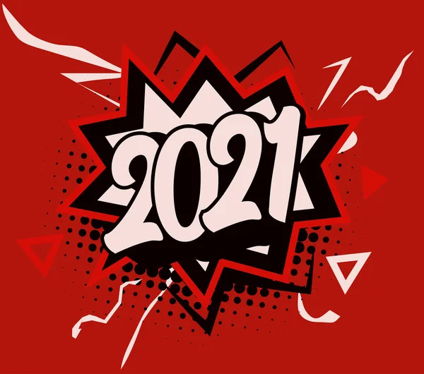 2021 rakamlı kraker bang, çizgi roman tarzı konuşma, pankart, poster, gönderiler ve tebrik kartı, vektör illüstrasyonu için karikatür izole logosu — Stok Vektör