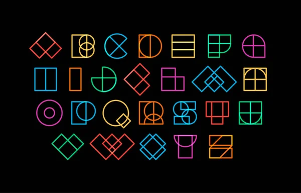 Lettres colorées de formes géométriques, police décorative pour la conception de titres fantastiques, logo linéaire et lettrage sci-fi néon, alphabet vectoriel. — Image vectorielle