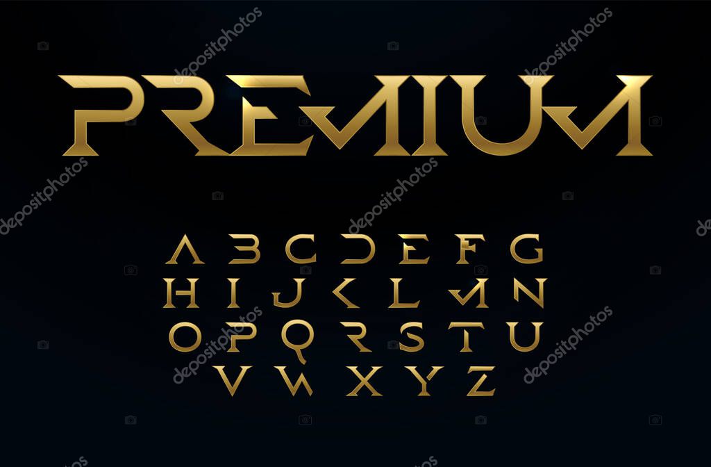 Premium alphabet, royal style golden font, modern type for elite logo, headline, monogram, creative lettering and beautiful typography. Minimal style serif letters, vector typographic design