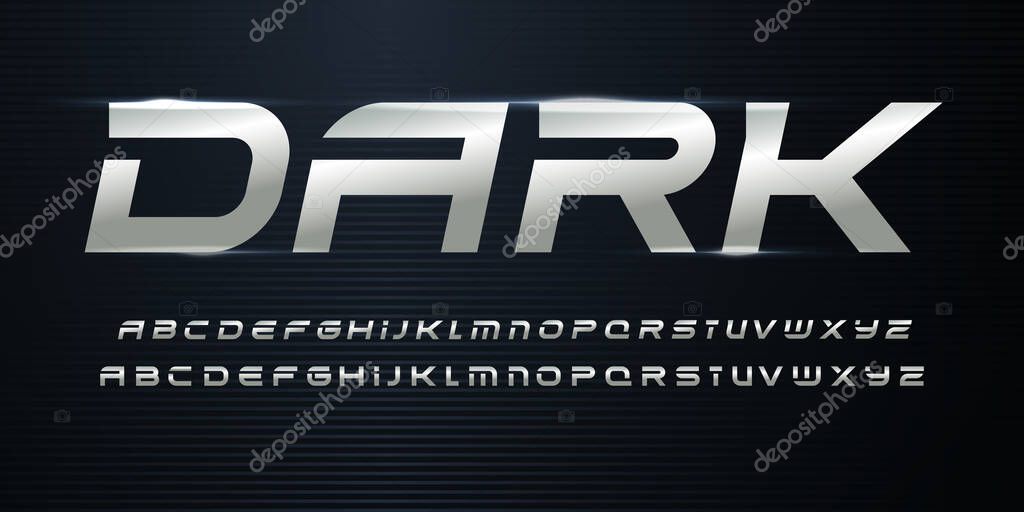 Sport Alphabet with Metallic texture on dark background. Chrome steel italic alphabet for dynamic logo and headlines. Modern cropped letters with aluminium color. Vector typography design.