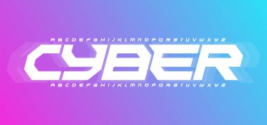 Siber fütürizm alfabesi. Siber uzay tarzı, geometrik yazı tipi, modern gelecekçi siber spor logosu, oyun başlığı ve harfleri için modüler tipi. Kalın italik harfler, vektör tipografik tasarım