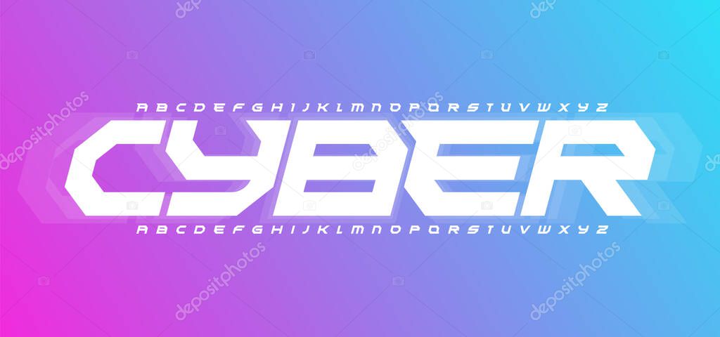 Cyber futurism alphabet. Cyberspace style, geometric font, modular type for modern futuristic cyber sport logo, gaming headline and lettering. Bold italic letters, vector typographic design.