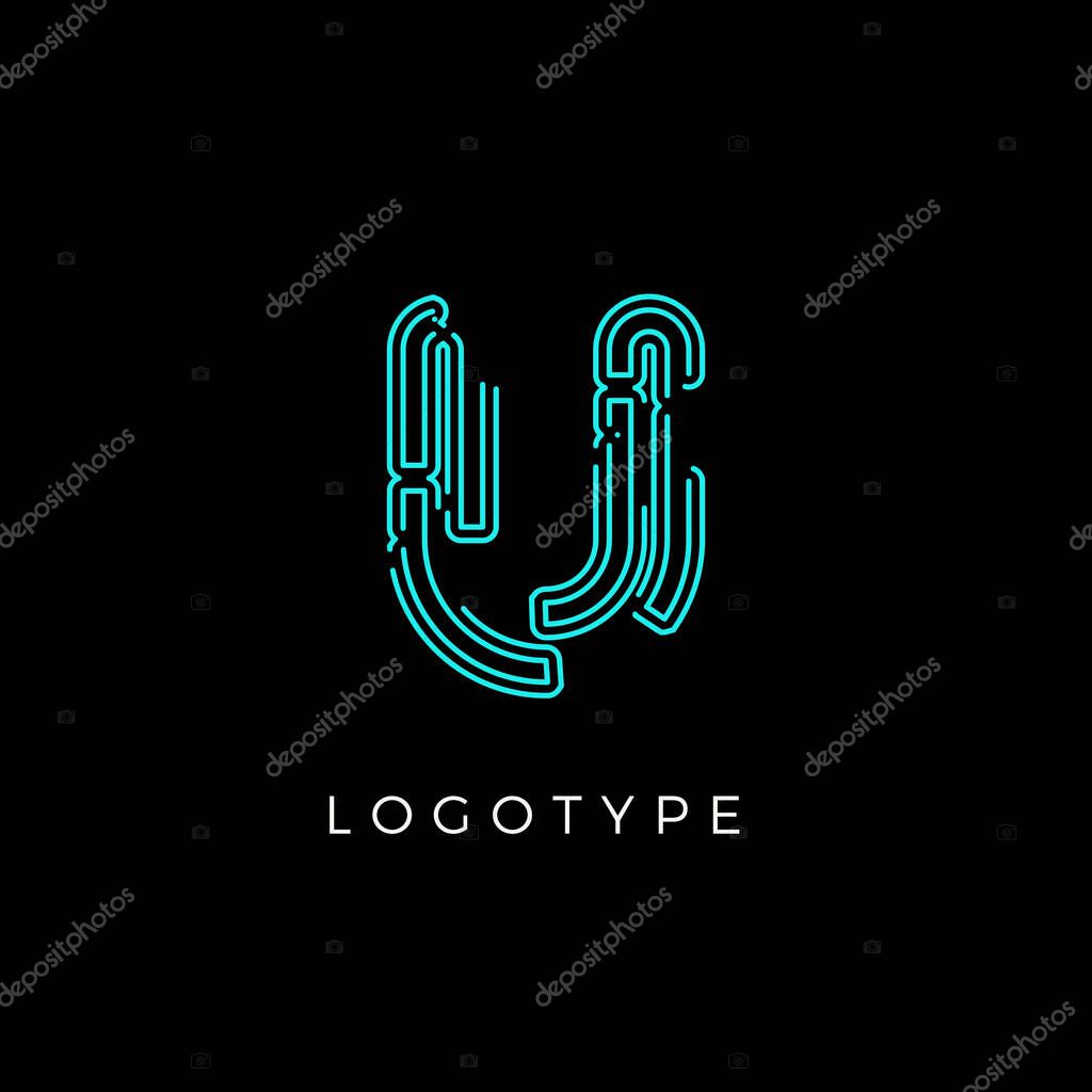 Cyber letter U for digital technology logo concept. Contour circuit style monogram for artificial intelligence product symbol, robotic system logo and vector type design for hud.