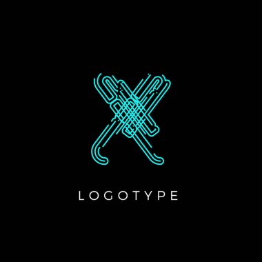 Dijital teknoloji logosu için X harfi. Yapay zeka ürün sembolü, robot sistem logosu ve vektör tasarımı için Contour devre biçimi monogramı