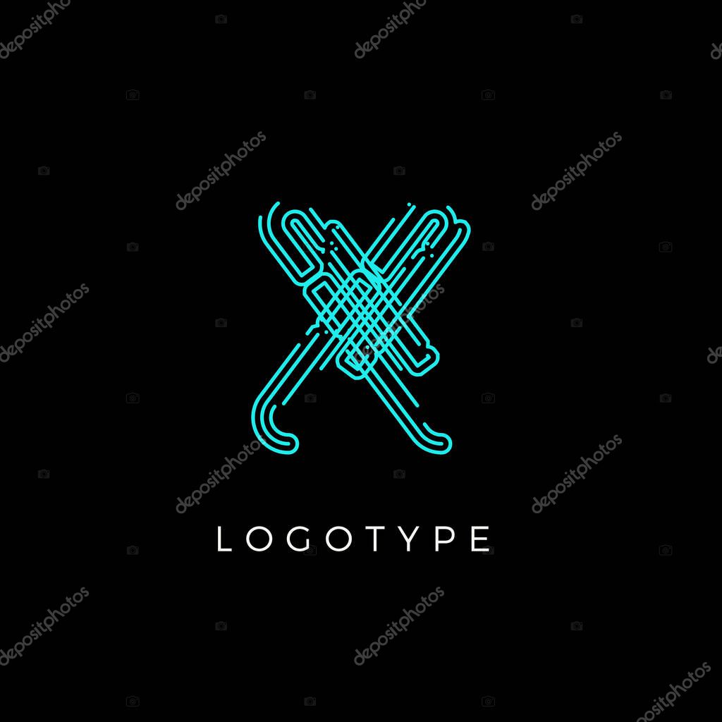 Cyber letter X for digital technology logo concept. Contour circuit style monogram for artificial intelligence product symbol, robotic system logo and vector type design for hud.
