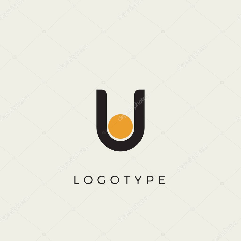 Creative letter U for logo and monogram. Minimal artistic style letter with yellow spot for education, festive and party or technology graphic. Vector typographic design