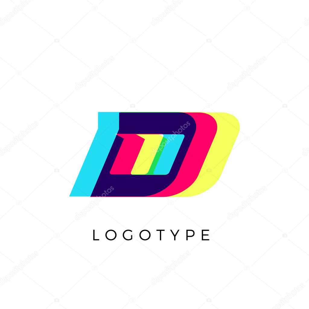 Glitch effect letter D, colored spectrum overlay effect. Vector slant symbol for cyber sport, racing, automotive and fashion branding. Vector typography design for logo and monogram.