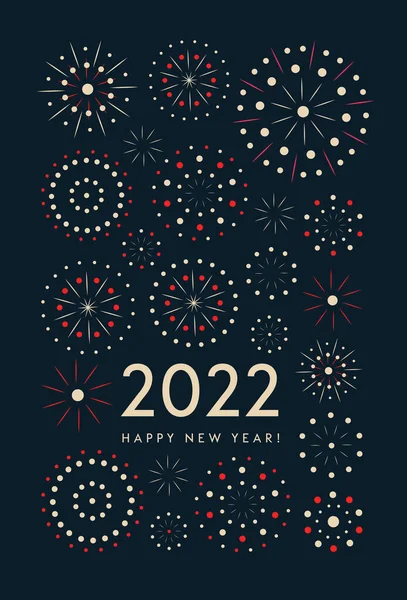 Barevný ohňostroj 2022 Čínská novoroční vektorová ilustrace, světlý ohňostroj na tmavomodrém pozadí, koncept textového rámu pro prázdninovou výzdobu, pohlednice, plakát, banner, leták. — Stockový vektor