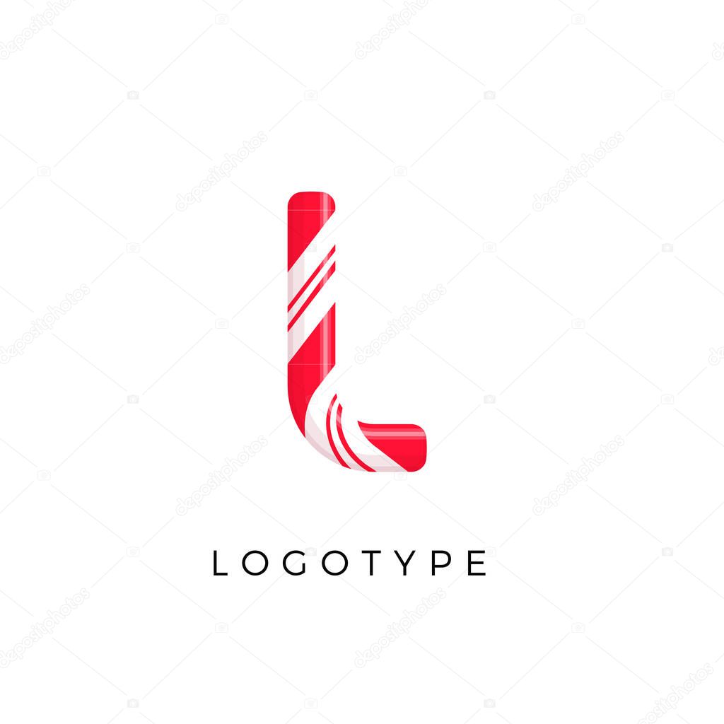 Candy letter L with bright red and white stripes. Like Sweet lollipop or funny cane. Vector latin symbol for logo and monogram. Branding typeset design.