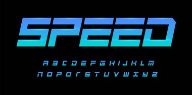 Hız alfabesi. Geometrik kesilmiş yazı tipi, modern spor ve fütüristik logo için dinamik tip, başlık, monogram, harfler ve tipografi. İtalik kalın harf, vektör tipografik tasarım