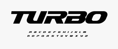 Turbo dinamik alfabe. Ağır ve aksiyon yazı tipi, modern spor logosu için hız tipi, yarış başlığı, dinamik monogram, harf ve tipografi. Kalın italik biçim harfleri, vektör tipografik tasarımı