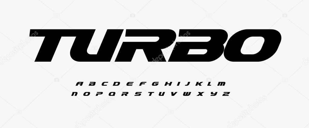 Turbo dynamic alphabet. Heavy and action font, speed type for modern sport logo, speed race headline, dynamic monogram, lettering and typography. Bold italic style letters, vector typographic design.