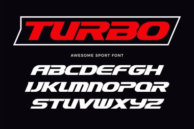 Turbo yazı tipi. Ağır italik harfler, modern spor logosu tipi, yarış başlığı, dinamik monogram, harfler ve tipografi. Kalın geniş stil harfleri, vektör tipografik tasarımı