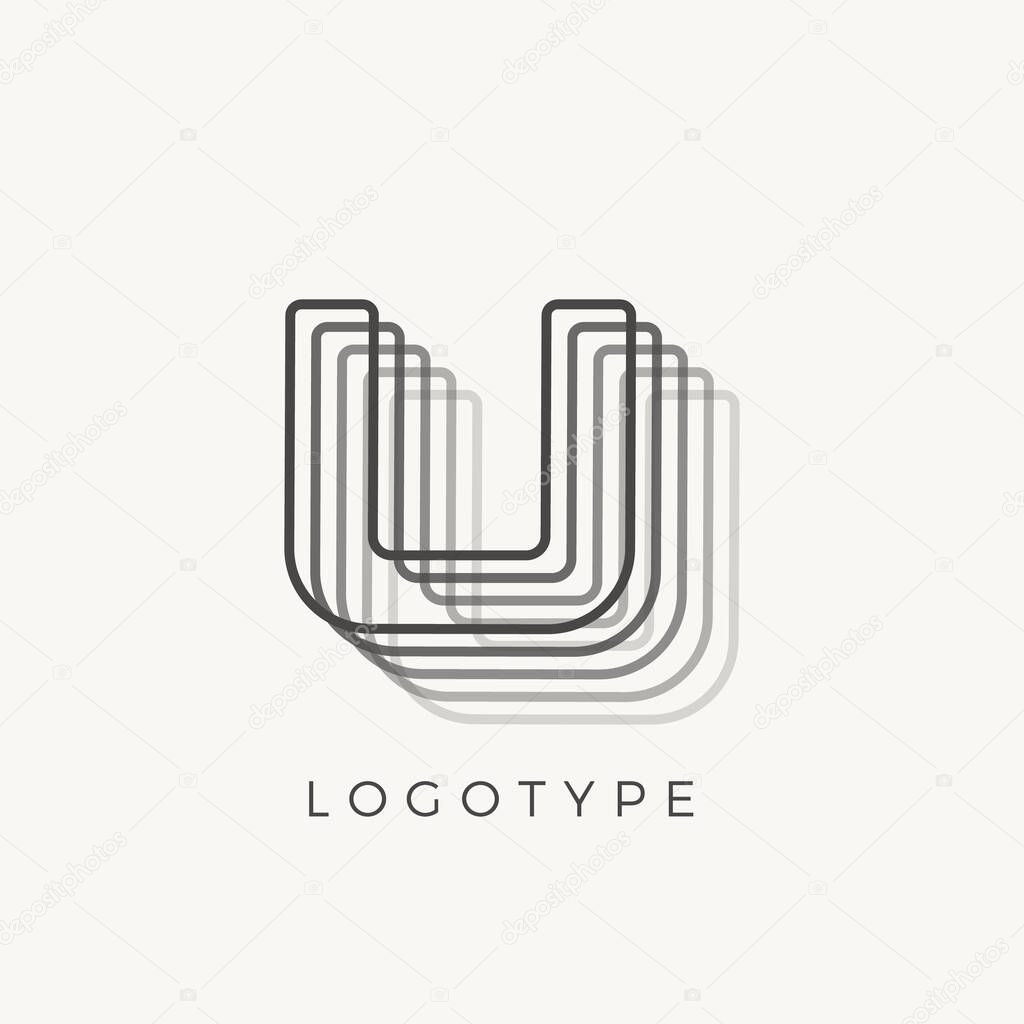 Letter U of outline stripes, blend effect letter for monogram and logo template, contour line type
