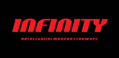 Siyah arka planda kırmızı fütürist harf. Sonsuzluk uzay tarzı yazı tipi, spor logosu için yoğunlaştırılmış italik tipi, teknoloji başlığı, film ve müzik posteri. Bauhaus tipografisi yuvarlak. Vektör tipografik tasarımı
