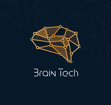 Yeni iletişim teknolojisi için beyin teknolojisi logosu. Yenilikçi yapay zeka ve biyoteknoloji için soyut nöron ağı simgesi. Yapay zeka, vektör logoti