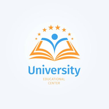 Okul logosu. Açık kitap ve öğrenci silueti. Bilgi ve eğitim sembolü. Üniversite, Kütüphane ve Kitapçı logoti şablonu. Vektör illüstrasyonu