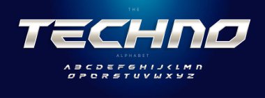 Tekno Fütürizm alfabesi, eğimli modern yazı tipi. Modern teknoloji logosu için çelik tipi, oyunun manşeti, araba, hızlı yarış tipografisi. Spor dinamik harfler tasarımı, vektör tipografik tasarımı