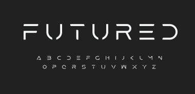 Modern Geleceğin Alfabesi. Kesme Sınırı bilim kurgu, uzay, fütüristik yazı tipi. Logo, başlık, monogram, poster, müzik ya da film kapağı için minimalist modüler harfler. Vektör gelecek tipografik tasarımı