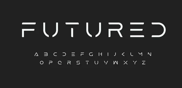 Alphabet moderne futuriste. Cutting-Edge science-fiction, espace, police futuriste. Lettres de style modulaire minimaliste pour logo, titre, monogramme, affiche, musique ou couverture de film. Conception typographique vectorielle future — Image vectorielle