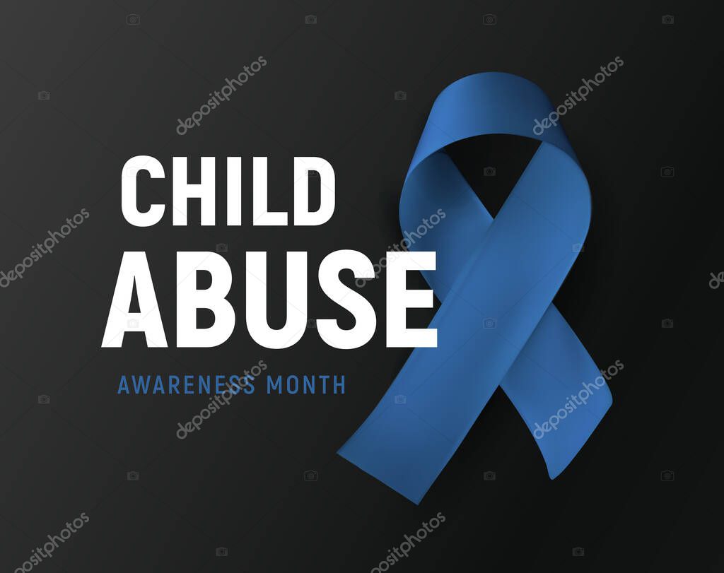 Child abuse awareness month, vector logo, kids violence prevention symbol, blue ribbon on black background, vector illustration.