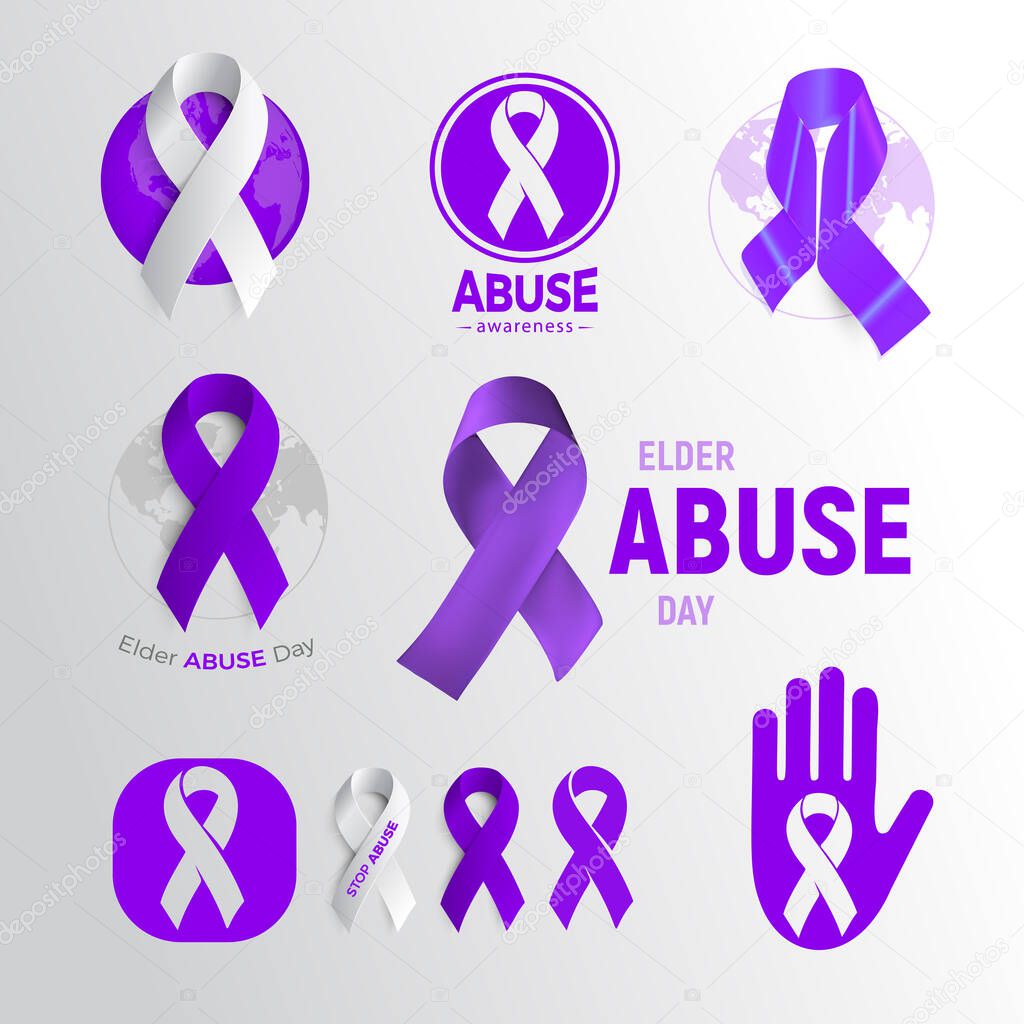 Elder abuse awareness day icon set, purple ribbon collection, domestic violence campaign symbol, elderly problem emblem, vector illustration