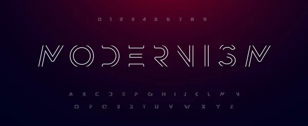 Alphabet modernisme. Décrivez les lignes minces police comme route, labyrinthe, cadre. Type techno futuriste pour logo scifi, titre fluo contour ou monogramme hud. Lettres et chiffres minimaux conception typographique vectorielle — Image vectorielle