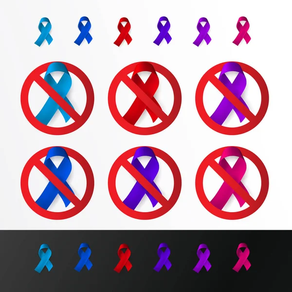 Consapevolezza nastri a colori set di icone. Fermare l'AIDS, il cancro, l'HIV, la raccolta di simboli di abuso. Logo vettoriale campagna di beneficenza e assistenza medica — Vettoriale Stock