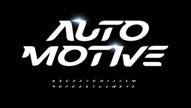 Otomotiv alfabesi harfi yazı tipi. Modern logo tipografisi. Hız yarışı ve aktif spor vektörü tipografik tasarımı. Hızlı logo, başlık, dinamik başlık, uygun monogram, aktif harf için kalın italik tipi