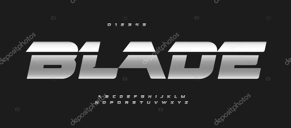 Blade alphabet bold italic font letters. Auto logo typography, iron metallic vector typographic. Drive letter set for game logo, speed headline, race title, fit and run lettering. Steel type.