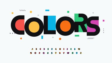 Renk yazı tipi alfabe harfleri. Modern logo tipografisi. Renkli yaratıcı sanat tipografik tasarımı. Gökkuşağı logosu, manşet, renk kapağı başlığı, keyif monogramı. İzole vektör tipi