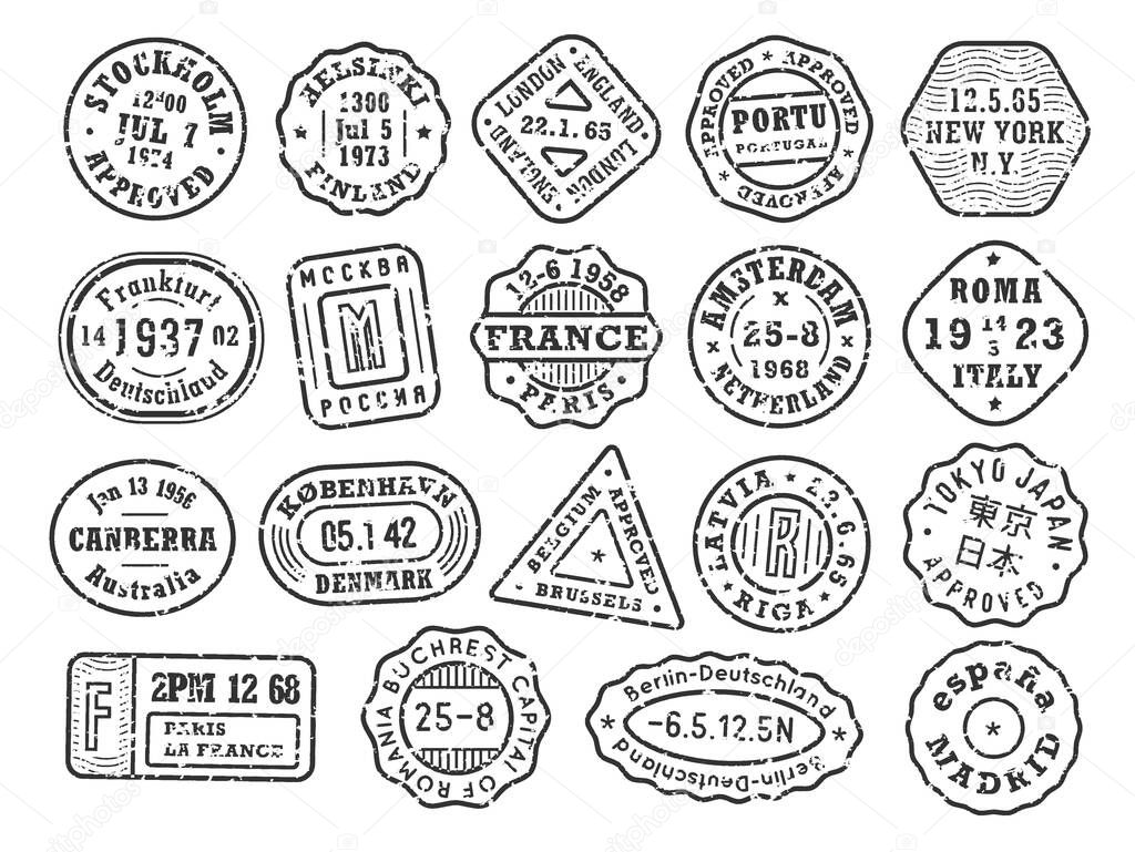 Black Retro stamps with scabies, cities stamp set on an envelope for vintage passport cover, traveller tshirt print or grunge style luggage. Vector illustration