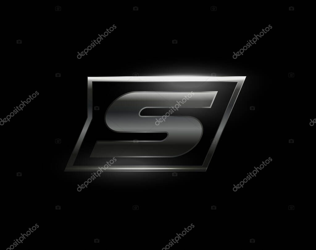 Carbon speed Letter S logo, dark matte metal carbon texture. Drive dynamic steel letter, turbo bold italic chrome logotype for automotive industrial, gym, sport. Vector monogram, emblem.