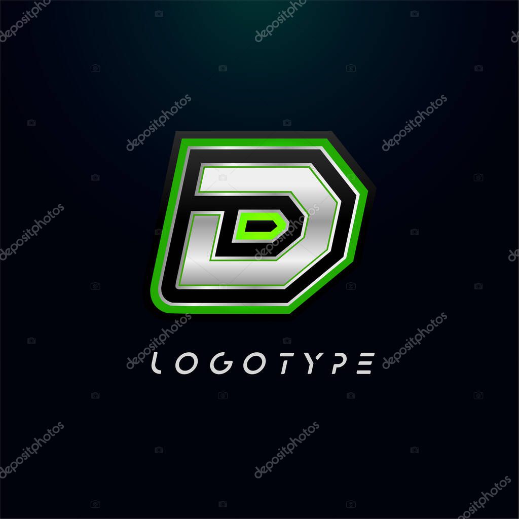Letter D for video game logo and super hero monogram. Sport gaming emblem, bold futuristic letter with sharp angles and green outline. Tilted sharp letter type on black background.