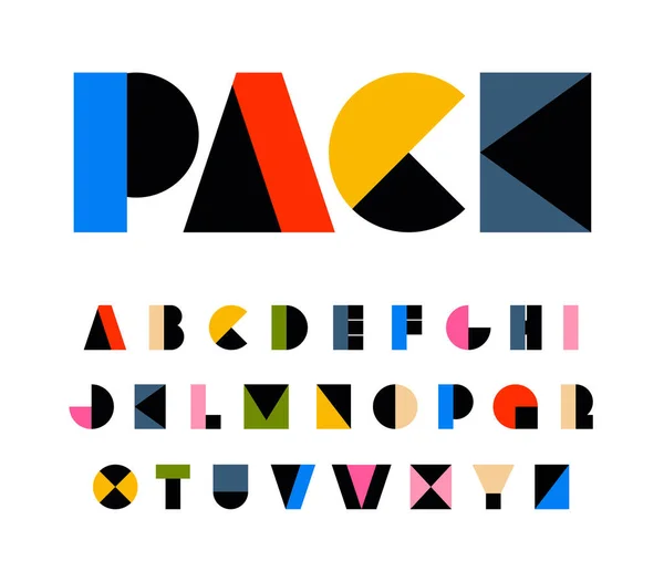 Alphabet d'art couleur arc-en-ciel, lettres géométriques pour le festival. Forme primitive police de carnaval, titre d'anniversaire, zone enfants et enfants jouets logo.Funny et la joie de style dynamique conception de type, vectoriel typeset — Image vectorielle