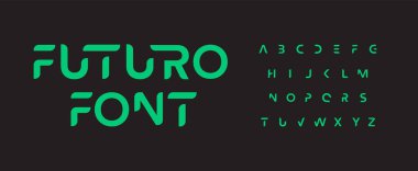 Geleceğin yazı tipi alfabesi. Minimum bilim kurgu ve fütüristik mektuplar. Teknoloji bilişim konfeksiyon logosu için akıllı uzay tipografik tasarımı, dijital ekran grafiği, yenilik bilimi metni. Vektör tipi