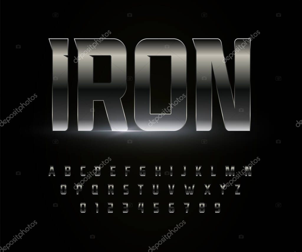 Iron font alphabet Metal steel chrome letters. Stainless metallic typography. High bold strong futuristic typographic design. Isolated vector typeset.