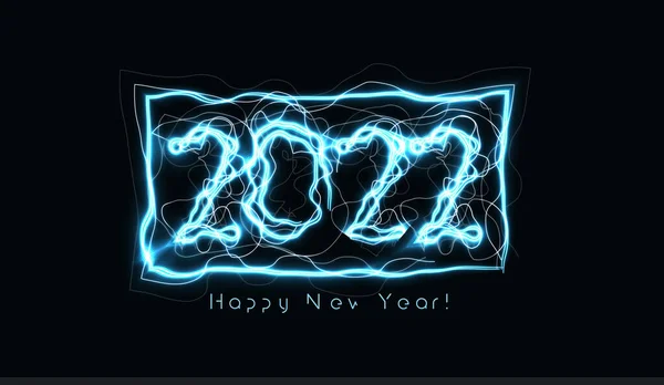Feliz Ano Novo 2022 números Relâmpago azul realista no fundo preto para brochura, cartão de saudação ou modelo de design de capa de calendário Ilustração vetorial. — Vetor de Stock